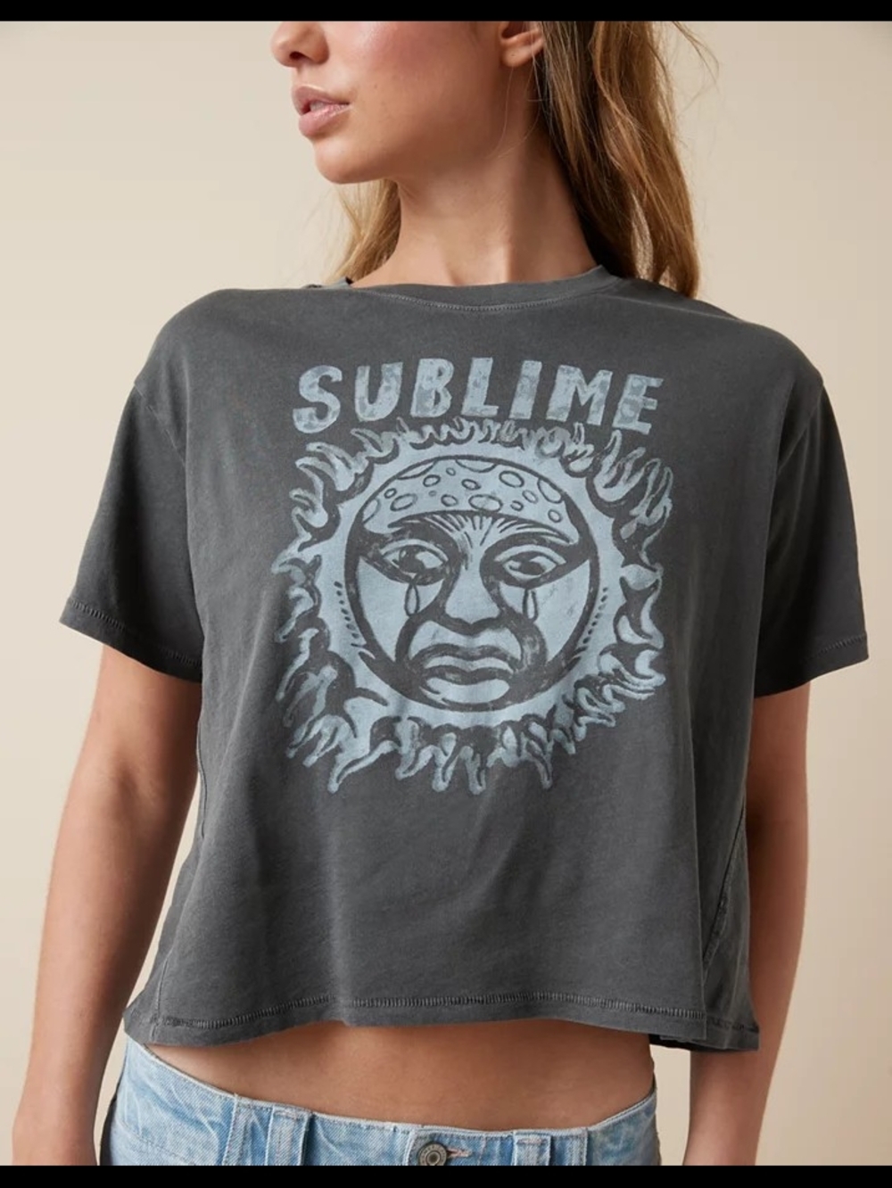 American Eagle Outfitters Sublime Graphic Tee - Charcoal with Light Blue Print.